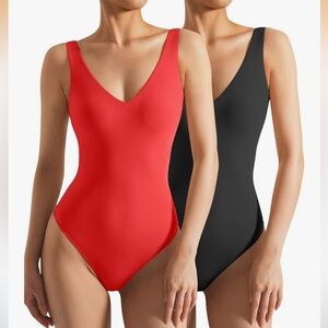 Suuksess set of two Buttery Soft V Neck Bodysuit Thong Sexy Backless Sleeveless